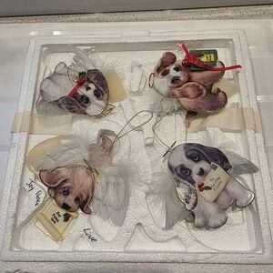 The Bradford Editions  Heavenly Waggn Tails Angel‎ Dog Porcelain Ornaments 4pc